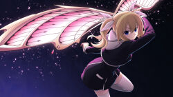  1girl :3 arimura_hinae blonde_hair blue_eyes chaos;child closed_mouth cropped_jacket d-sword dress_vest floating hekiho_academy hekiho_academy_school_uniform holding holding_sword holding_weapon hood huge_weapon long_hair miniskirt ribbon school_uniform skirt solo sword taba_neruko thigh-highs twintails v-shaped_eyebrows weapon white_hood white_thighhighs 