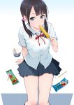  1girl black_hair bra breasts deca_purio dress_shirt grey_eyes hair_bobbles hair_ornament long_hair looking_up original popsicle popsicle_stick school_uniform see-through shirt sitting solo tongue tongue_out underwear wrapper 