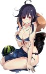  1girl bikini black_hair food fruit hat kantai_collection kujou_ichiso lowres official_art red_eyes sarong solo sun_hat swimsuit taigei_(kantai_collection) torn_clothes transparent_background watermelon 