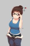  1girl breasts brown_eyes brown_hair closed_mouth collarbone deru06 female glasses grey_background large_breasts looking_at_viewer mei_(overwatch) midriff overwatch sleeveless solo 
