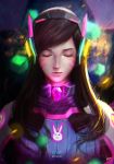  1girl armor artist_name bangs bodysuit breasts brown_hair bunny_print character_name closed_eyes cube d.va_(overwatch) facepaint facial_mark fitaro glowing headphones high_collar highres lipstick long_hair makeup overwatch parted_lips pauldrons pilot_suit pink_lips pink_lipstick realistic ribbed_bodysuit shoulder_pads solo swept_bangs turtleneck upper_body whisker_markings 