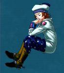  1boy boots brown_boots brown_hair chromatic_aberration closed_eyes cowboy_boots crying from_side full_body hand_to_own_mouth hat heart johnny_joestar jojo_no_kimyou_na_bouken jojolion legs_crossed male_focus sailor_hat solo spurs star star_print streaming_tears tears yaeten1 