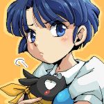  1girl animal biifun blue_eyes blue_hair hibiki_ryouga p-chan pig ranma_1/2 school_uniform simple_background tendou_akane uniform yellow_background 