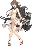  1girl bare_shoulders bikini black_hair breasts brown_eyes camouflage cleavage frilled_bikini frills hair_between_eyes hair_ornament hairband hairclip haruna_(kantai_collection) headgear jacket kantai_collection knees_together_feet_apart konishi_(koconatu) large_breasts long_hair looking_at_viewer machinery official_art remodel_(kantai_collection) sandals solo swimsuit torn_clothes transparent_background turret white_bikini 