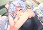  1girl ahoge blush book bookmark breasts chestnut_mouth closed_eyes hair_rings lens_flare long_hair lying matoi_(pso2) medium_breasts milkpanda on_side open_book open_mouth pencil phantasy_star phantasy_star_online_2 silver_hair sleeping solo strapless tatami tubetop twintails upper_body 