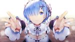  1girl blue_eyes blue_hair breasts bright_background cleavage detached_sleeves dress ear frills hair_ornament hair_over_one_eye hair_ribbon highres large_breasts lips looking_at_viewer maid maid_headdress outstretched_arms outstretched_hand re:zero_kara_hajimeru_isekai_seikatsu rem_(re:zero) ribbon ring_(1079882045) short_hair solo tears x_hair_ornament 