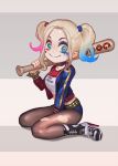  1girl baseball_bat batman_(series) breasts chibi dc_comics harley_quinn high_heel_boots jacket makeup multicolored_hair shorts smile solo suicide_squad twintails 