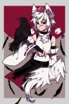  1girl animal animal_ears bird crow detached_sleeves feathers hat highres hosomitimiti inubashiri_momiji red_eyes short_hair skirt smile tail tokin_hat touhou white_hair wolf_ears wolf_tail 