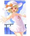  1girl :d alternate_costume alternate_headwear blonde_hair blue_sky clouds cowboy_shot dress fangs hat hat_ribbon highres looking_at_viewer ocean omaesan_(camp-192) open_mouth outstretched_arms railing red_eyes ribbon rumia short_dress short_hair sky sleeveless smile solo spread_arms sun_hat sundress touhou white_dress 
