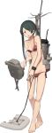  1girl bad_anatomy bare_shoulders barefoot bikini breasts broken collarbone flippers green_eyes green_hair gun hair_ribbon holding holding_gun holding_weapon kantai_collection long_hair looking_at_viewer machinery mikuma_(kantai_collection) navel official_art open_mouth parody red_bikini ribbon sandals shibafu_(glock23) side-tie_bikini small_breasts solo surfboard swimsuit torn_clothes transparent_background turret weapon 