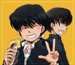  2boys annoyed biifun black_hair border braid fang food from_side grin hibiki_ryouga multiple_boys ranma_1/2 saotome_ranma school_uniform simple_background single_braid smile tears uniform v white_border yellow_background 