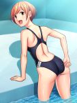  1girl adjusting_clothes adjusting_swimsuit arm_support asics black_swimsuit brown_eyes brown_hair competition_swimsuit from_behind highres kuri_(kurigohan) leaning_forward looking_back one-piece_swimsuit open_mouth original partially_submerged shadow short_hair standing swimsuit water 
