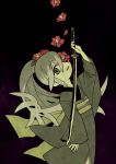  1girl black_background female flat_color flower hair_flower hair_ornament japanese_clothes katana kimono limited_palette long_hair looking_at_viewer mintperil multicolored_hair plant ponytail simple_background solo sword tsubakihime_(youkai_watch) two-tone_hair weapon youkai_watch 