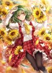  1girl afloat ascot black_legwear breasts butterfly flower green_hair hagiwara_rin kazami_yuuka pantyhose plaid plaid_skirt plaid_vest red_eyes ribbon short_hair skirt solo sunflower touhou vest 