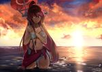  1girl bikini breasts brown_eyes cleavage clouds highres in_water kantai_collection long_hair navel ocean ponytail purple_hair smile solo sunset swimsuit ugeppa umbrella very_long_hair white_bikini yamato_(kantai_collection) 