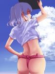  1girl alternate_costume arm_up ass blue_eyes blue_sky clouds cloudy_sky commentary_request from_behind fundoshi hand_on_hip ishii_hisao japanese_clothes kantai_collection kashima_(kantai_collection) loincloth shirt sky solo twintails white_hair white_shirt yamakasa 