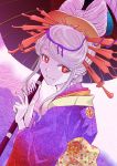  1girl fang hair_bun kimono long_sleeves overlord_(maruyama) purple_hair red_eyes rurukichi shalltear_bloodfallen solo umbrella 