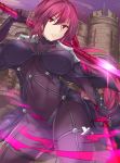  1girl bodysuit breasts covered_navel dual_wielding fate/grand_order fate_(series) gae_bolg highres holding holding_weapon kd large_breasts long_hair looking_at_viewer parted_lips pauldrons polearm purple_hair red_eyes scathach_(fate/grand_order) solo spear weapon 