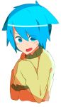  1boy animal_ears blue_eyes blue_hair cat_ears child collared_shirt fang gumball_watterson male_focus mei_(tsukimei99) open_mouth personification simple_background solo sweatdrop sweater the_amazing_world_of_gumball upper_body white_background 