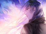  1boy alter_(silent_mute) black_hair character_request clouds copyright_request hood hoodie long_hair male_focus solo violet_eyes 