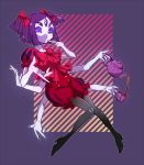  1girl dress extra_arms extra_eyes fangs female full_body gradient gradient_background high_heel_boots insect_girl monster_girl muffet solo spider_girl tea teapot thigh_boots twintails undertale 