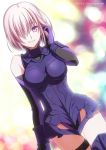  1girl adjusting_hair armor armored_dress bangs bare_shoulders blurry blush bokeh breasts breasts_apart closed_mouth cowboy_shot dated depth_of_field dutch_angle elbow_gloves eyebrows eyebrows_visible_through_hair fate/grand_order fate_(series) gloves hair_over_one_eye halterneck hand_up impossible_clothes lavender_hair legs_together leotard light_smile looking_at_viewer md5_mismatch medium_breasts nina_(pastime) pale_skin purple_hair shielder_(fate/grand_order) short_hair smile solo standing thigh_strap turtleneck twitter_username vambraces violet_eyes 