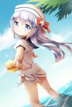  1girl blue_eyes blue_hair clouds dress flot from_behind gochuumon_wa_usagi_desu_ka? hair_ornament hairclip hat highres kafuu_chino long_hair looking_back open_mouth outdoors outstretched_arms seashell shell sky solo wading water white_dress wind 
