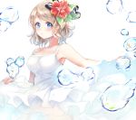  1girl blue_eyes blush breasts brown_hair bubble dress flower gorua_(youce01) hair_flower hair_ornament large_breasts love_live! love_live!_sunshine!! md5_mismatch short_hair solo watanabe_you white_background white_dress 