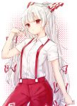  1girl bangs blunt_bangs bow collared_shirt flat_chest fujiwara_no_mokou hair_bow halftone halftone_background hand_in_hair honotai hot long_hair long_ponytail looking_at_viewer pants parted_lips red_eyes red_pants shirt short_sleeves silver_hair solo suspenders sweat touhou very_long_hair white_background white_shirt 
