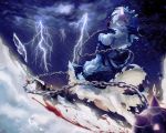  1girl blood blue_eyes blue_hair chains clouds epic horn lightning re:zero_kara_hajimeru_isekai_seikatsu rem_(re:zero) solo thunder weapon 