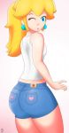  1girl ass blonde_hair blue_eyes blue_shorts blush earrings from_behind heart huge_ass jeans lips long_hair one_eye_closed princess_peach shorts solo standing super_mario_bros. thighs wink 