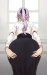  1girl ass back bent_over breasts female from_behind high-waist_skirt houtengeki huge_ass juliet_sleeves leaning_forward long_hair long_skirt long_sleeves original pantylines pointy_ears ponytail puffy_sleeves purple_hair see-through skirt solo spread_ass wide_hips 