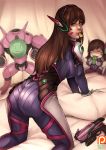  1girl all_fours ass bodysuit breasts brown_hair character_doll chips d.va_(gremlin) d.va_(overwatch) doritos food gloves gun handgun headphones kachima lips long_hair looking_back medium_breasts meka_(overwatch) mountain_dew nose overwatch pillow pilot_suit pistol potato_chips solo weapon whisker_markings white_gloves 