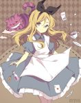  1girl alice_(wonderland) alice_in_wonderland blonde_hair blue_eyes bottle bow card cat checkered checkered_background cheshire_cat cup dress long_hair looking_at_viewer okono playing_card ribbon_trim signature smile teacup 