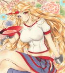  1girl abs alcohol blonde_hair blush breasts covered_navel floral_print highres hip_vent horn hoshiguma_yuugi large_breasts legs_crossed long_hair looking_at_viewer marker_(medium) midriff mugicha0929 puffy_short_sleeves puffy_sleeves red_eyes sakazuki sake shirt short_hair short_sleeves skirt smile solo toned touhou traditional_media 