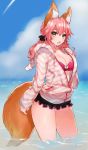  1girl :d animal_ears bikini blush breasts cleavage fang fate/extra fate/extra_ccc fate_(series) fox_ears fox_tail hood hoodie large_breasts long_hair looking_at_viewer miyako_(xxxbibit) open_mouth pink_hair smile solo swimsuit tail tamamo_(fate)_(all) tamamo_no_mae_(fate) water yellow_eyes zipper 