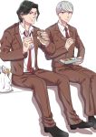  2boys chopsticks dangan_ronpa dangan_ronpa_3 eating full_body green_hair highres male_focus multiple_boys munakata_kyousuke necktie obentou red_eyes red_necktie sakakura_juuzou school_uniform sitting white_hair younger yuuta_(enokimokomoko) 