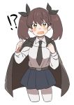  !? 1girl alternate_costume anchovy anchovy_(cosplay) bangs belt black_cape blush brown_eyes brown_hair cape commentary_request cosplay fang girls_und_panzer hair_ribbon hands_up highres kantai_collection long_hair looking_at_viewer miniskirt necktie open_mouth pantyhose pleated_skirt ribbon ryuujou_(kantai_collection) shirt skirt soborodooon solo spoken_interrobang surprised twintails uniform wavy_mouth white_legwear 