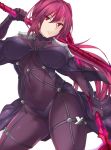  1girl bodysuit breasts covered_navel dual_wielding fate/grand_order fate_(series) gae_bolg highres holding holding_weapon kd large_breasts long_hair looking_at_viewer parted_lips pauldrons polearm purple_hair red_eyes scathach_(fate/grand_order) simple_background solo spear weapon 