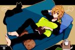  1girl barefoot black_cat blonde_hair book braid casual cat couch cup hosomitimiti kirisame_marisa lying mug pillow short_hair side_braid solo touhou yellow_eyes 