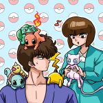  1boy 1girl brown_hair bulbasaur charmander kunou_tatewaki mew musical_note official_style pikachu pokemon ranma_1/2 school_uniform squirtle tendou_nabiki uniform wantan-orz weedle 