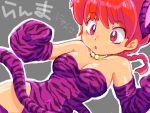  1girl animal_ears animal_print animal_tail bare_shoulders biifun boots braid cleavage dutch_angle elbow_gloves extra_ears fake_animal_ears genderswap gloves looking_down ranma-chan ranma_1/2 red_eyes redhead saotome_ranma single_braid sleeveless solo tail thigh-highs tiger_costume tiger_ears tiger_print tiger_tail 