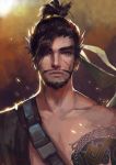  1boy arm_tattoo asymmetrical_clothes bandolier bare_shoulders beard brown_eyes brown_hair character_name collarbone dragon_tattoo facial_hair furrowed_eyebrows goatee hair_tie hanzo_(overwatch) japanese_clothes kimono looking_at_viewer male_focus mustache oryuvv overwatch ponytail scar scar_on_cheek short_hair solo tattoo upper_body 