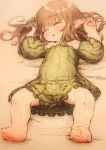 1girl bare_shoulders barefoot brown_hair child closed_eyes eyebrows eyebrows_visible_through_hair feet feral_lemma long_hair lying on_back original pointy_ears sleeping solo spread_legs