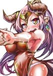  1girl aliza_(granblue_fantasy) blush breasts brown_eyes chibi chinese_clothes cow_girl cow_horns dress earrings female granblue_fantasy headgear horns large_breasts long_hair looking_at_viewer nyagakiya open_mouth panties pointy_ears purple_hair sideboob simple_background solo standing sweat underwear white_background white_pantis 