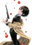  00s belt black_hair dress_shirt flower green_eyes gun handgun jacket kino kino_no_tabi pouch revolver simple_background smile trenchcoat trigger_discipline weapon 