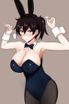  1girl animal_ears armpits arms_up black_hair bouncing_breasts bow bowtie breasts brown_eyes bunnysuit cleavage detached_collar fake_animal_ears hairband kaga_(kantai_collection) kantai_collection large_breasts pantyhose poshi_(ginmokusei) rabbit_ears short_hair side_ponytail solo wrist_cuffs 