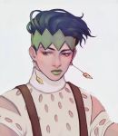  1boy earrings green_eyes green_hair green_lipstick headband jewelry jojo_no_kimyou_na_bouken kidkoma kishibe_rohan lipstick looking_to_the_side makeup male_focus matching_hair/eyes solo turtleneck upper_body 