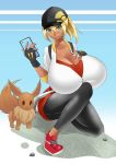  blonde_hair bluespice breasts dark_skin female_protagonist_(pokemon_go) gigantic_breasts green_eyes 