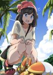  &gt;:d 10s 1girl :d black_hair blue_eyes breasts cleavage clouds female_protagonist_(pokemon_sm) grubbin hand_on_own_thigh hands_on_own_thighs hat highres looking_down medium_breasts open_mouth outdoors palm_tree panties panty_peek pokemon pokemon_(creature) pokemon_(game) pokemon_sm shorts sky smile sparkling_eyes squatting strap_cleavage surprised sweatdrop tree underwear upshorts white_panties yuuichi_(reductionblack) 